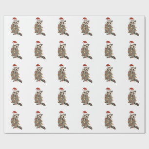 Papel De Regalo Raccoon Merry Christmas Light Santa Hat Xmas Nieve