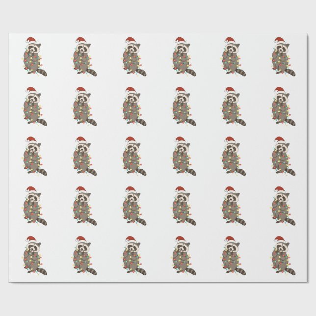 Papel De Regalo Raccoon Merry Christmas Light Santa Hat Xmas Nieve (Superficie plana)