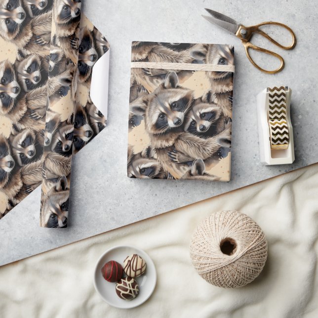 Papel De Regalo Raccoons estilo acuarela Patrón animal Arte (Artesanía)