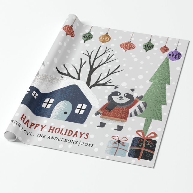 Papel De Regalo Racoon de invierno, árboles y vacaciones de Navida (Desenrollado)