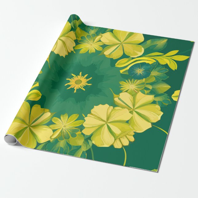 Papel De Regalo Radiancia floral: patrón botánico amarillo y verde (Desenrollado)