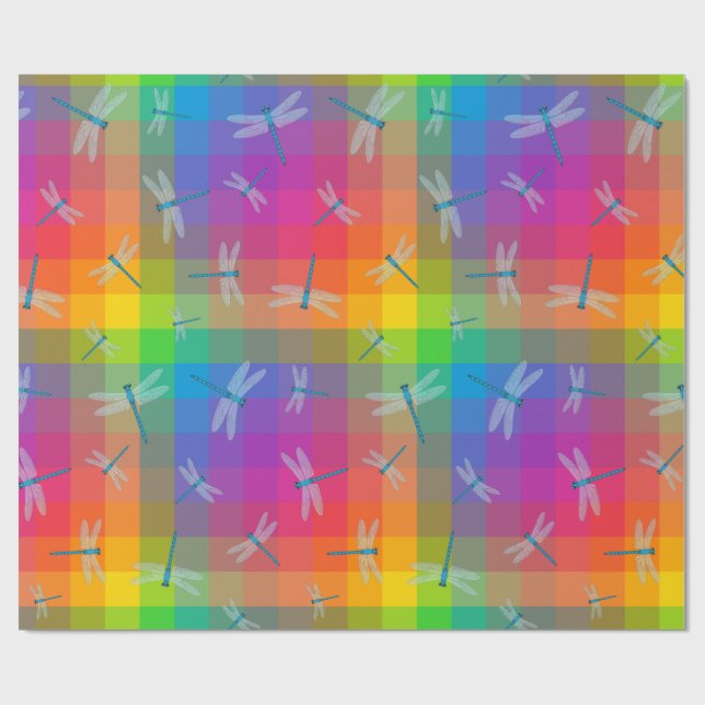 Papel De Regalo Rainbow Check with Dragonflies (Superficie plana)