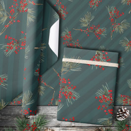 Papel De Regalo Rama blanca de pino Ilex Berries Estribos verdes