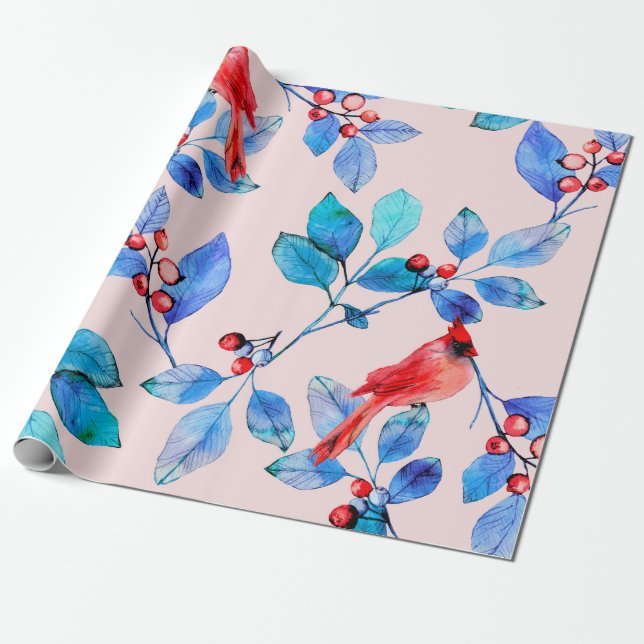 Papel De Regalo Rama con bayas y aves acuarela ilustrador (Desenrollado)