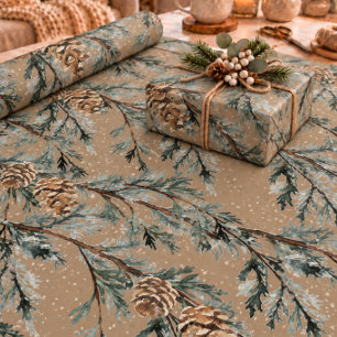 Papel De Regalo Rama de enebro nevada Kraft rústica y conos