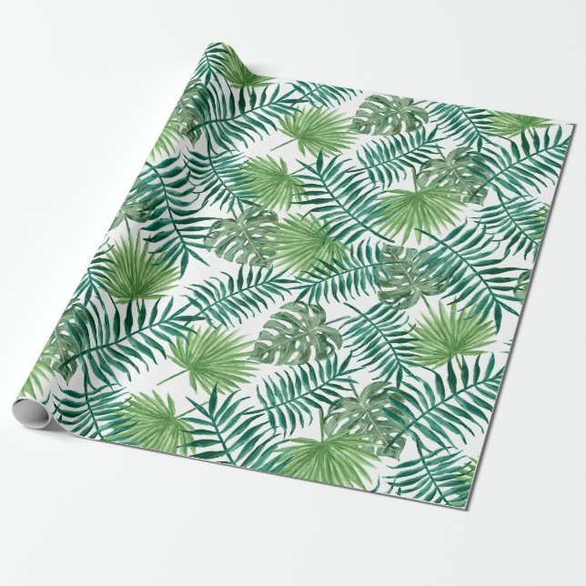 Papel De Regalo Rama de hojas de palmeras tropicales patrón verde (Desenrollado)