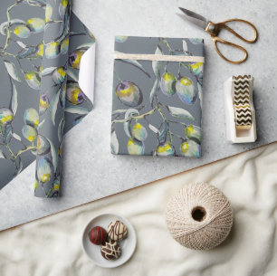 Papel De Regalo Rama de olivo acuarela verde azul