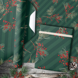 Papel De Regalo Rama de pino blanco Ilex Berries Verde esmeralda