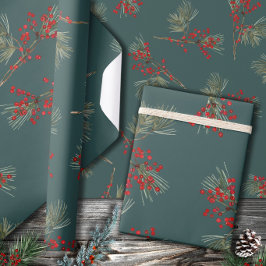 Papel De Regalo Rama de Pino Blanco Red Ilex Berries Slate Green