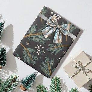 Papel De Regalo Rama de Pino Elegante Navidad Negra