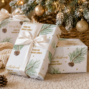 Papel De Regalo Rama de pino en acuarela Navidad Script