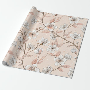 Papel De Regalo Rama Floral de Melocotón Suave con Flores Blancas