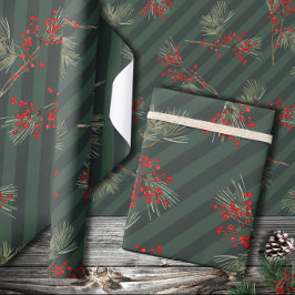 Papel De Regalo Rama Pine Red Ilex Berries Forest Green Stripe