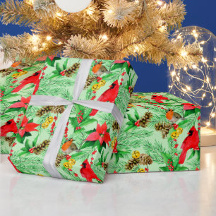 Papel De Regalo Ramas de abeto poinsettia conos cardenales robin