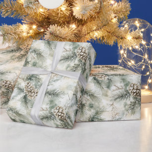 Papel De Regalo Ramas de árbol de Navidad verdes piñas