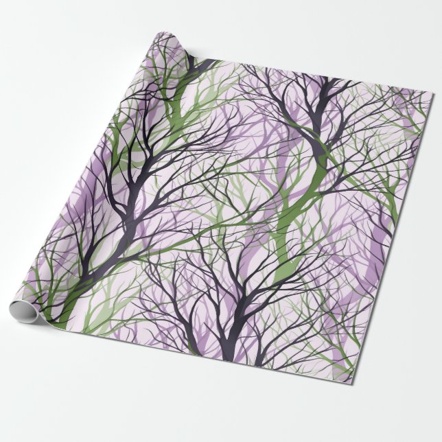Papel De Regalo Ramas de árboles verdes violetas abstractas (Desenrollado)
