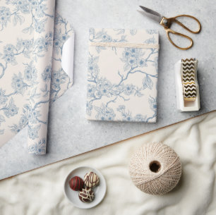 Papel De Regalo Ramas de flor de cerezo en azul y blanco apagado