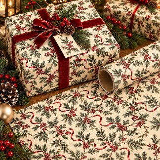 Papel De Regalo Ramas de hoja perenne y cinta roja Botánico Holida