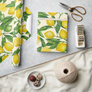 Papel De Regalo Ramas de limón en verde y amarillo