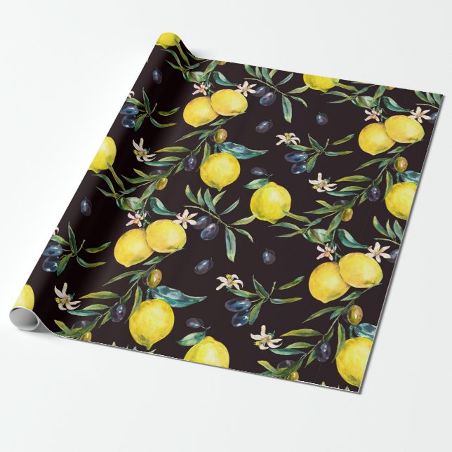 Papel De Regalo Ramas de limón y olivos acuarelas sin fisuras (Desenrollado)