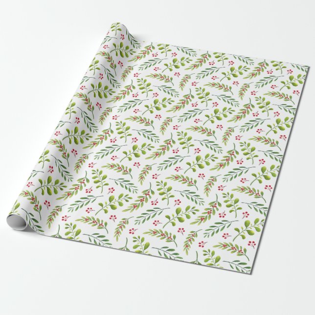 Papel De Regalo Ramas de Navidades festivos y cerezas (Desenrollado)