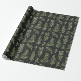 Papel De Regalo Ramas de pino acuarela sobre fondo negro.