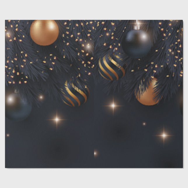 Papel De Regalo Ramas de pino, bolas de Navidad negras (Costura)