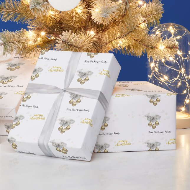 Papel De Regalo Ramas de pino, bolas Feliz Navidad   (Vacaciones)