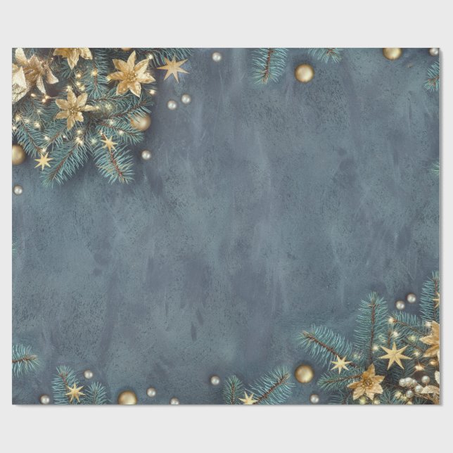 Papel De Regalo Ramas de pino de Navidad, flores, estrellas (Superficie plana)