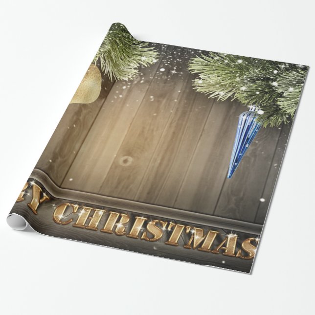 Papel De Regalo Ramas de pino, ornamentos, feriado de madera (Desenrollado)