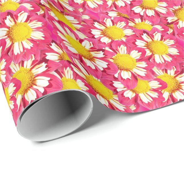 Papel De Regalo Ramo de Dahlia - coral y blanco con amarillo (Esquina del rollo)