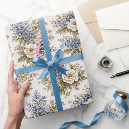Papel De Regalo Ramo Floral Azul Marfil Antiguo