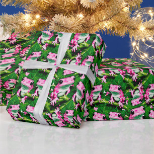 Papel De Regalo Rana Rosa En Diseño De Patrón De Hojas Verdes