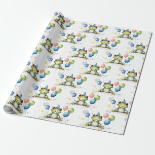 Papel De Regalo Rana verde caprichosa y linda con globos