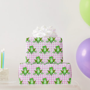 Papel De Regalo Ranas verdes en Pink Gingham