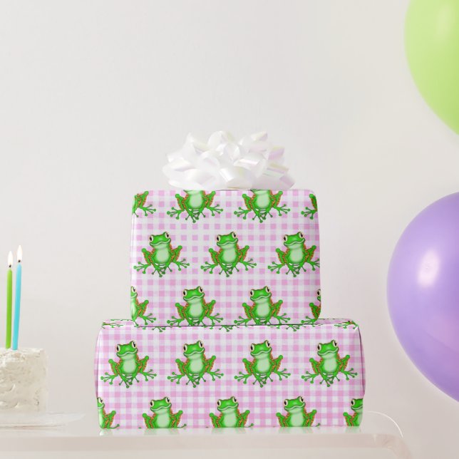 Papel De Regalo Ranas verdes en Pink Gingham (Regalos de fiesta)