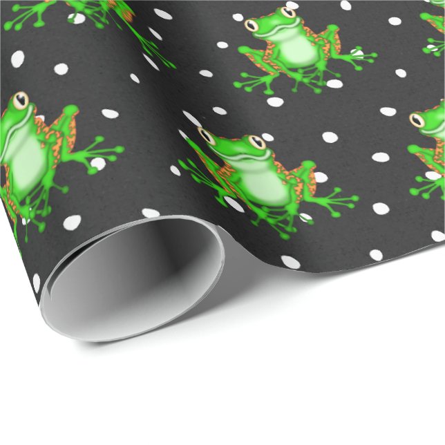 Papel De Regalo Ranas verdes sobre puntos de polka (Esquina del rollo)