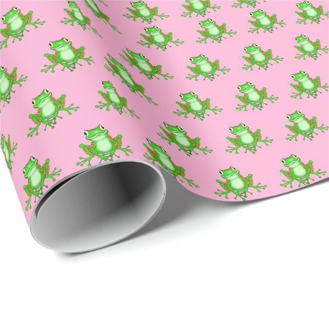 Papel De Regalo ranas verdes sobre rosa (Esquina del rollo)
