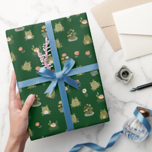 Papel De Regalo Ranas y hojas de nenúfar en verde oscuro