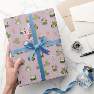 Papel De Regalo Ranas y hojas de nenúfar sobre gris-rosa pastel