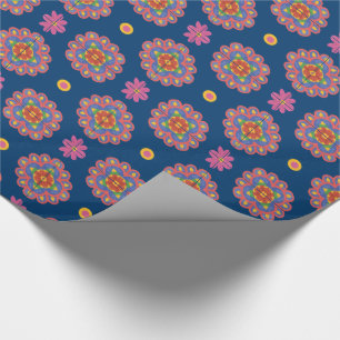 Papel De Regalo Rangoli, flores y puntos de polka en una gota azul
