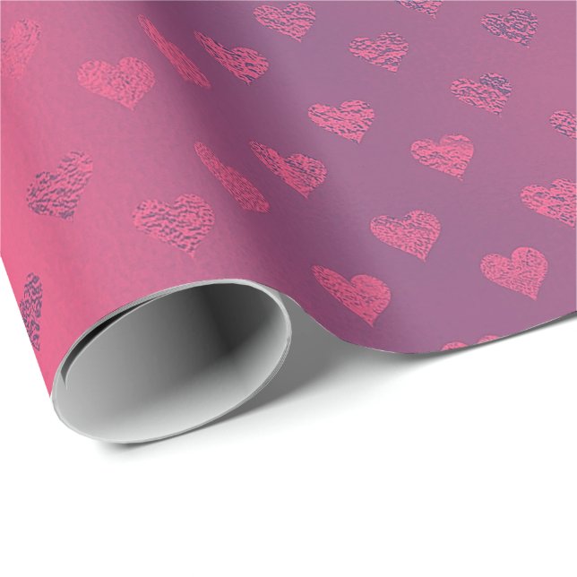 Papel De Regalo Raspberry Pink Red Metallic Hearts Bridal Shower (Esquina del rollo)