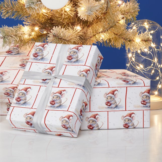 Papel De Regalo Ratón acuarela en copos de nieve (Vacaciones)