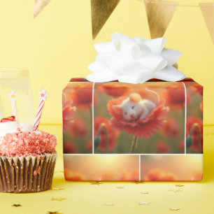 Papel De Regalo Ratón Blanco Durmiendo en una Amapola Roja
