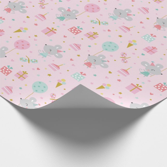Papel De Regalo Ratón lindo de cumpleaños con regalos y torta rosa (Esquina)