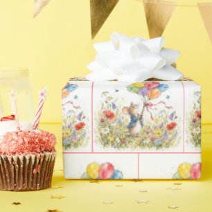 Papel De Regalo Ratones lindos con ramos de globos en flores silve