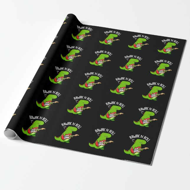 Papel De Regalo Rawrk Y Roll Funny Rocker Dinosaur Pun Dark BG (Desenrollado)