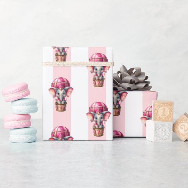 Papel de Regalo Raya Rosa y Blanco Elefante  (Baby Shower)