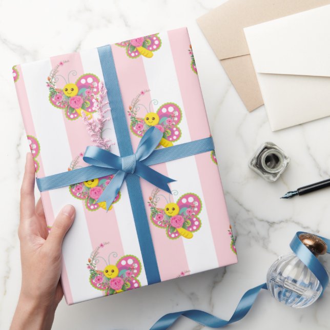 Papel de Regalo Raya Rosa y Blanco Mariposa (Regalar)