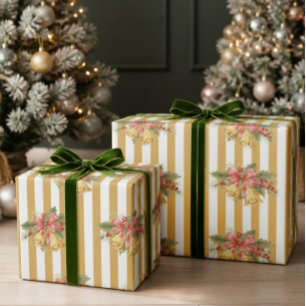 Papel de regalo rayado dorado Campanas de muérdago